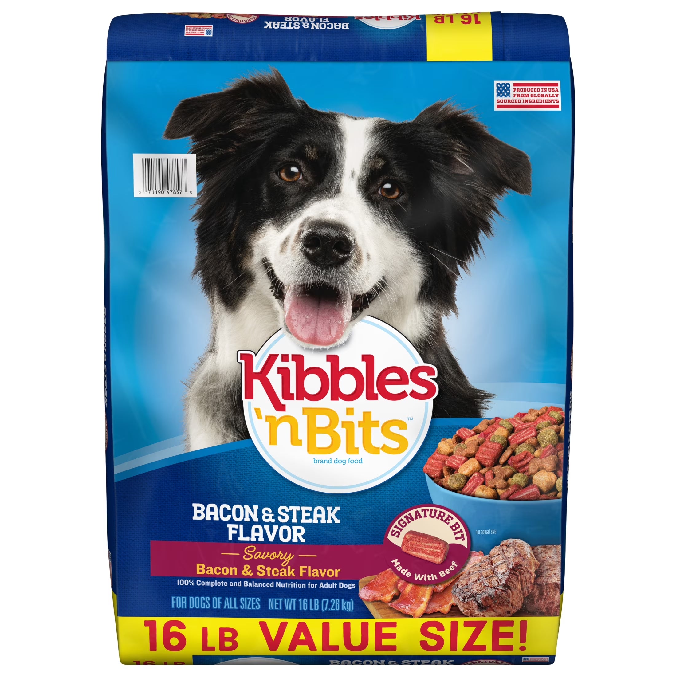 Kibbles 'N Bits Dry Dog Food for Adult Dogs, Savory Bacon & Steak Flavor, 16 Lb. Bag
