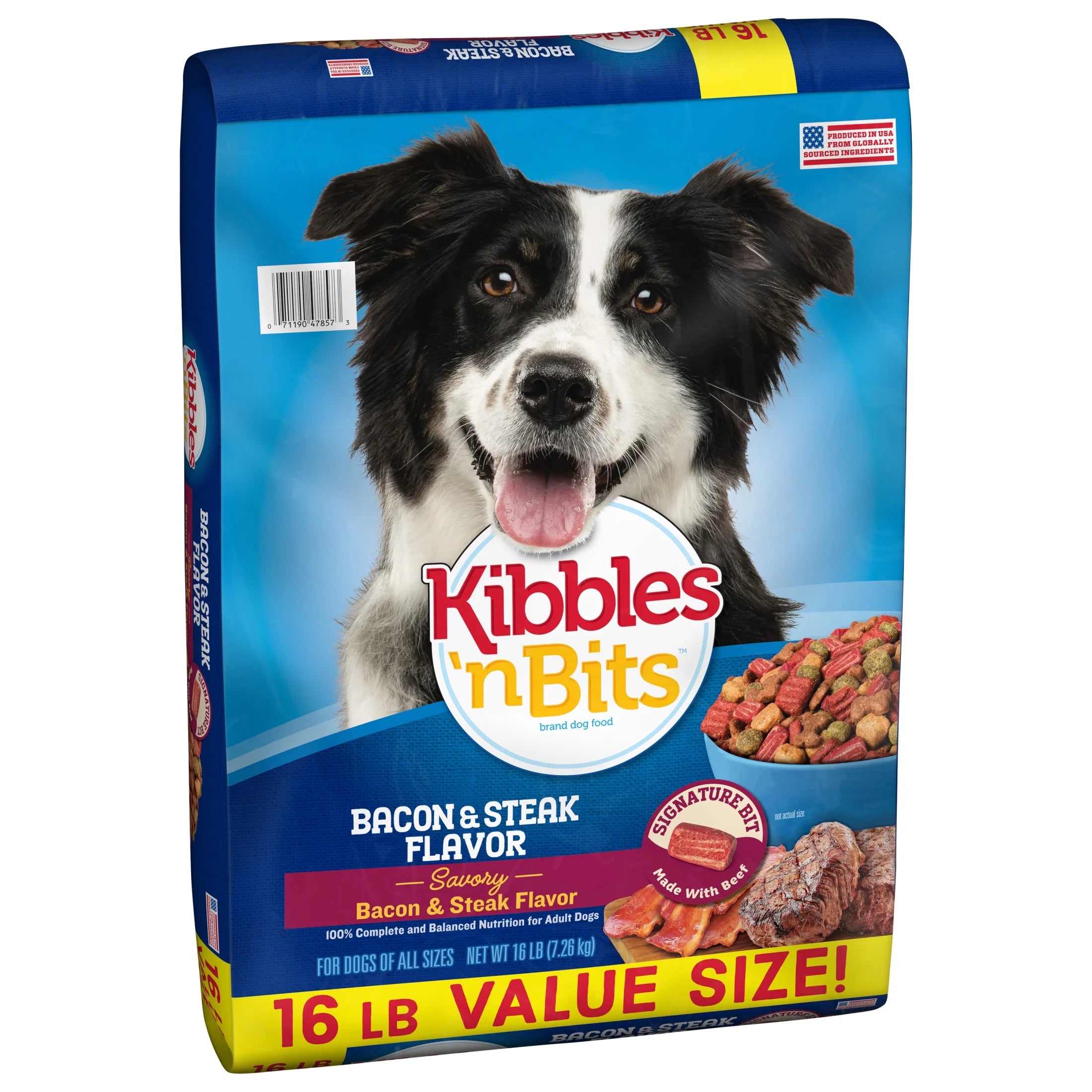 Kibbles 'N Bits Dry Dog Food for Adult Dogs, Savory Bacon & Steak Flavor, 16 Lb. Bag