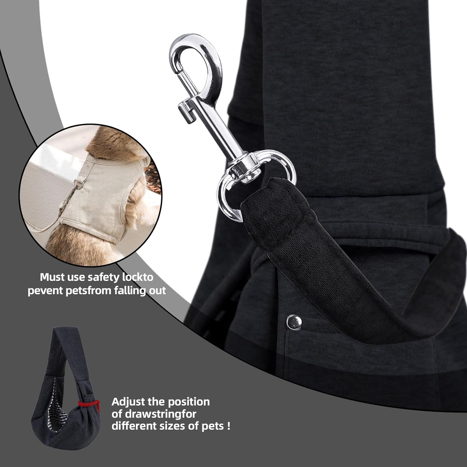 Soft fabric dog carrier sling with safety hook