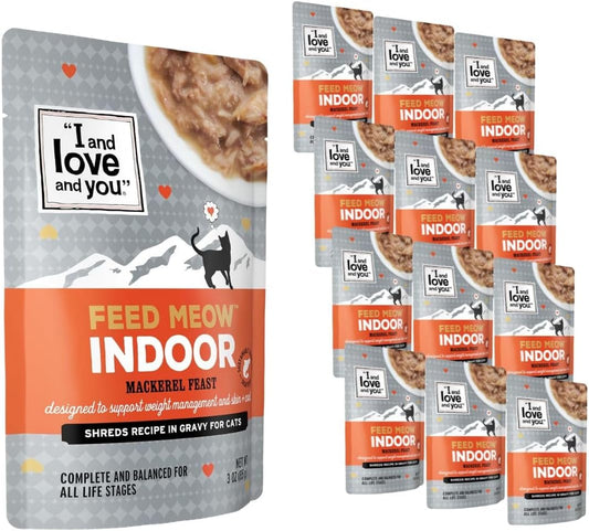 Feed Meow Indoor Wet Cat Food - Mackerel - Packed with Protein and Fiber, Grain Free, Shredded, 3Oz Pack of 12