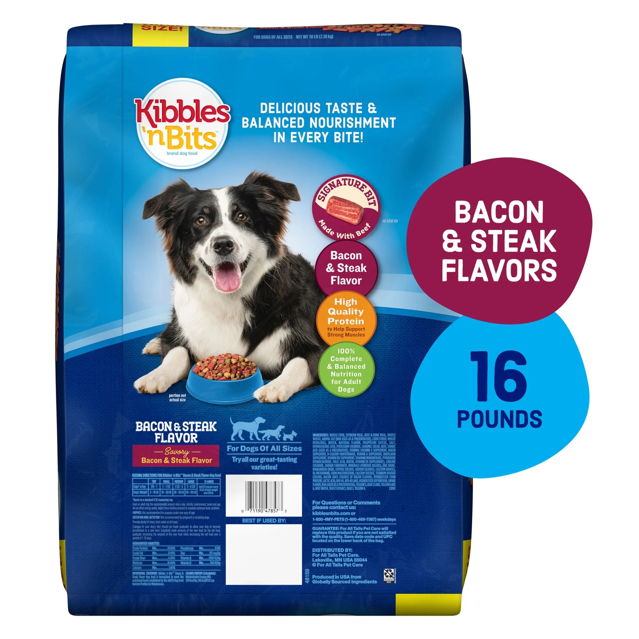 Kibbles 'N Bits Dry Dog Food for Adult Dogs, Savory Bacon & Steak Flavor, 16 Lb. Bag